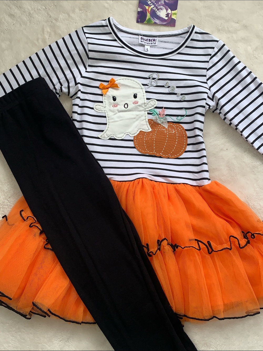 NWT Blueberi Boulevard Girls' Orange Ghost Pumpkin Tutu Top & Leggings Set 6